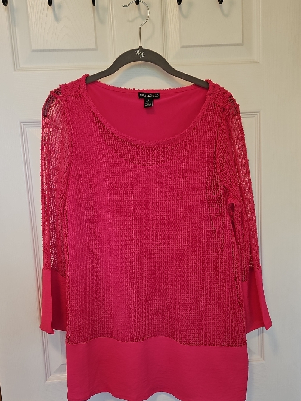 Nina Leonard Hot Pink Layered Open-Knit Pullover Tunic